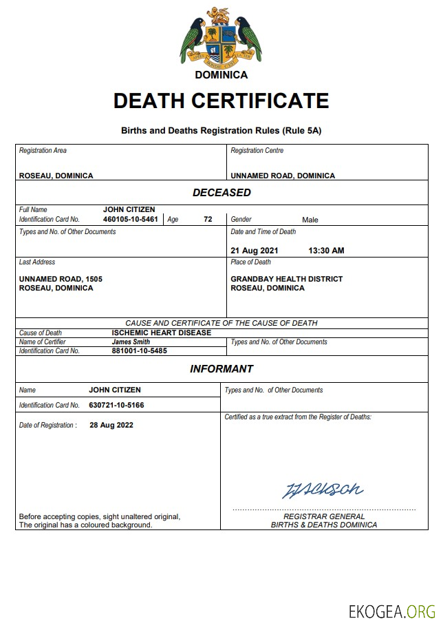 Modèle Word et PDF de certificat de décès de l'état civil de la Dominique